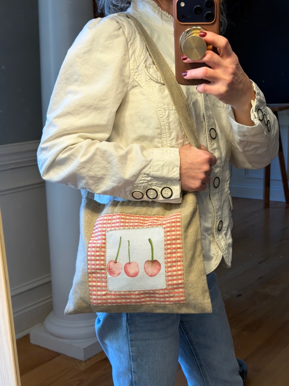 Cottagecore Cherry Textured Canvas Shoulder Bag Tan/Red Cute (VGUC)